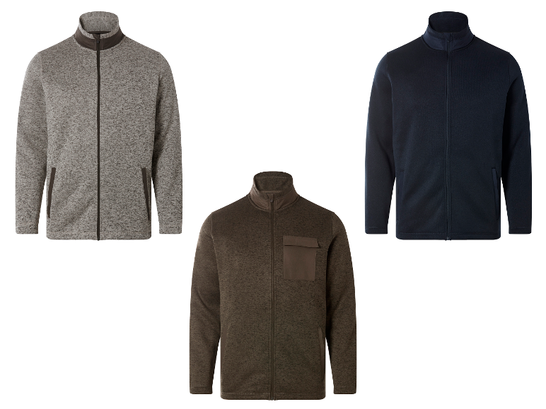 Drie heren fleecevesten met rits in grijs, bruin en marineblauw.