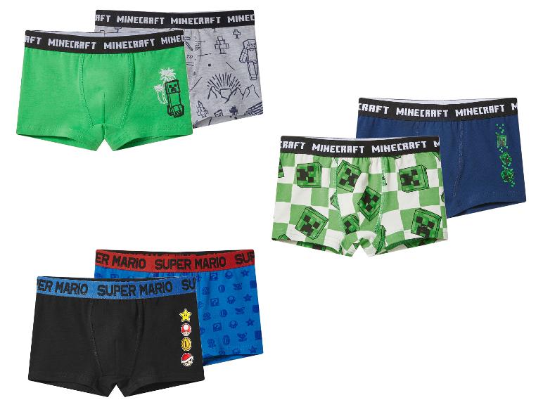 Jongensboxershorts met gamethema's, waaronder Minecraft- en Super Mario-ontwerpen.