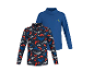 Twee kinder shirts met lange mouwen: één blauw met kompas, de andere met vossen- en bergpatroon.