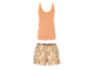 Vrouwelijke pyjama: oranje top en shorts met tropisch motief.