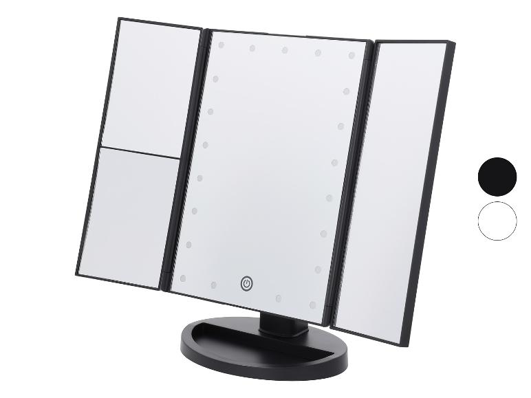 Zwarte drievoudige cosmetische spiegel met LED-verlichting en voet.