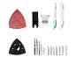 Assortiment elektrisch gereedschap accessoires, waaronder schuurpads, zaagbladen, boren en schroevendraaierbits.