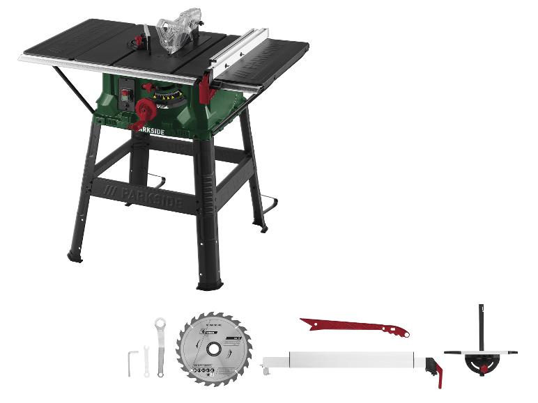Tafelzaag met accessoires, waaronder een zaagblad, sleutels, duwstok en verstekgeleider.