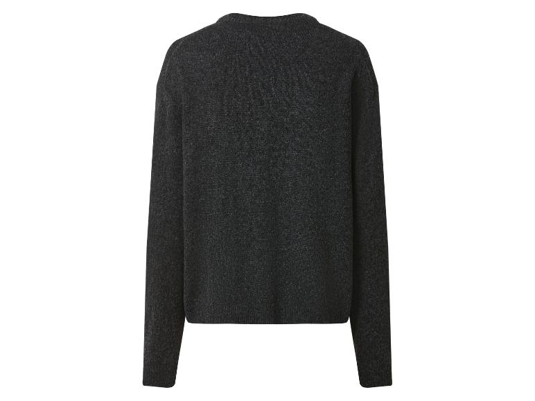 Donkergrijze gebreide trui met lange mouwen, achterkant.