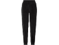 Zwarte fluwelen broek met elastische tailleband en manchetten aan de pijpen.