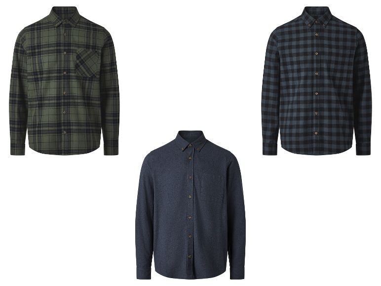 Drie geruite flanellen overhemden: groen, donkerblauw en marineblauw.