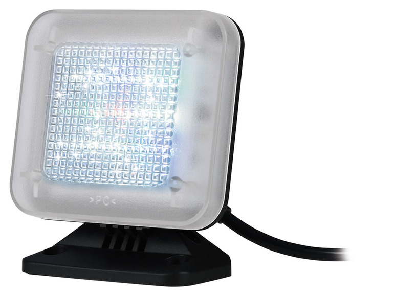 Een wit LED-licht met een zwarte voet en een kabel.