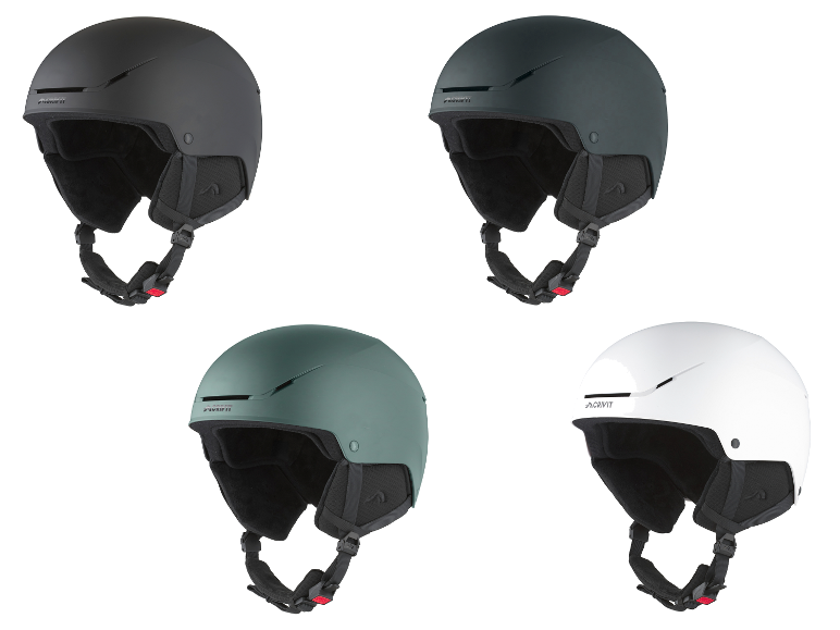 CRIVIT ski- en snowboardhelmen in zwart, donkergrijs, olijfgroen en wit.