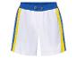 Witte shorts met blauwe en gele zijstrepen.