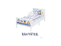 Kinderbed met Paw Patrol-thema, wit met blauwe accenten en puppy-afbeeldingen.