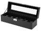 Zwarte leren horlogedoos met transparant deksel en zes vakken.