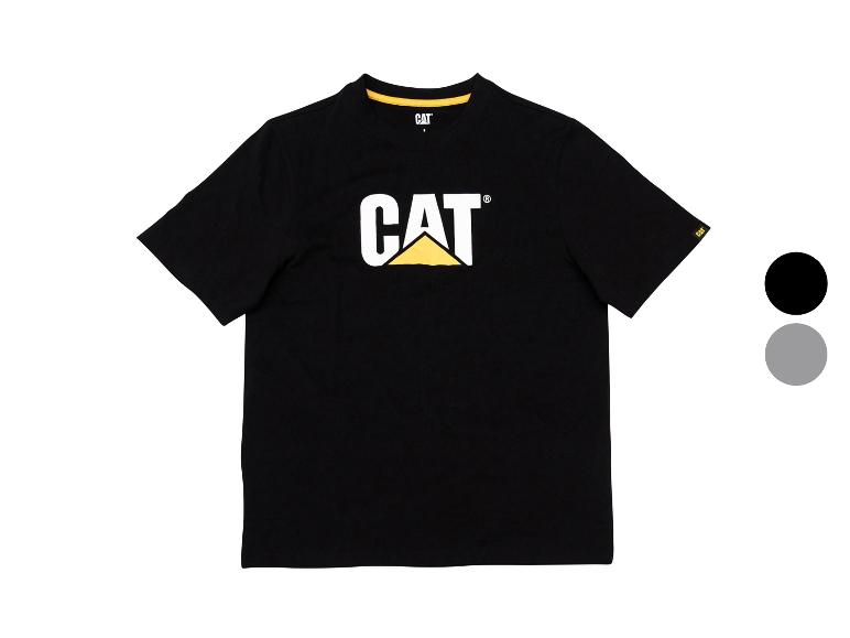Zwart T-shirt met korte mouwen, met een groot wit en geel logo op de borst.