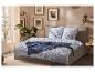 Slaapkamer met tweepersoonsbed met blauw bladbeddengoed, houten spiegel en planten.