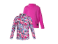 Twee coltruien met lange mouwen: één met kleurrijk vossen- en bloemenpatroon, één effen fuchsia.