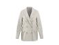 Lichtgrijze getextureerde double-breasted blazer met gouden knopen en klepzakken.
