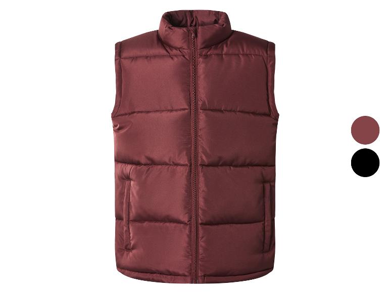 Bordeauxrode gewatteerde bodywarmer met rits en twee zakken.