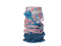 Nekwarmer met abstract roze en blauw patroon, met blauw fleece onderstuk.