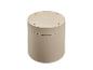 Ronde beige container met gedrukte tekst en afmetingen op het deksel.