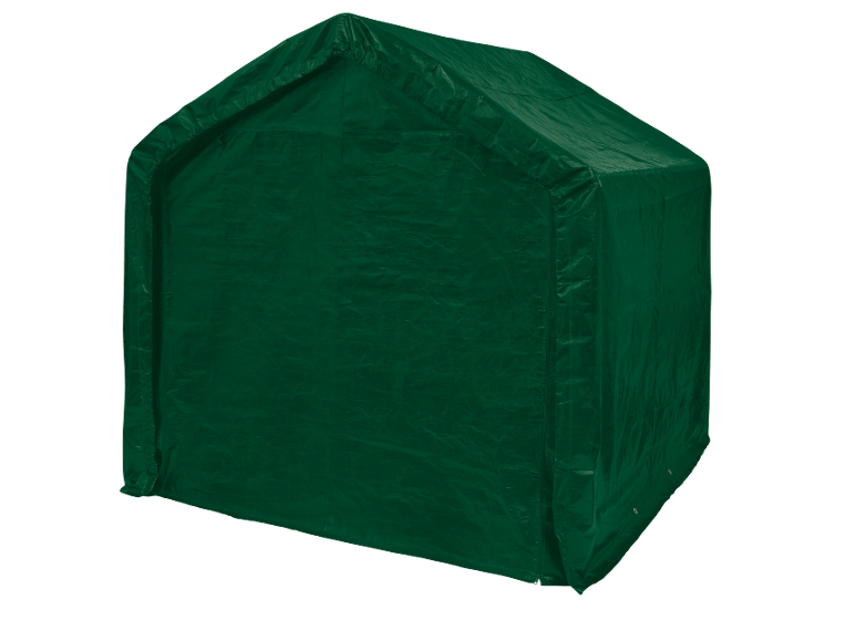 Groene tuinschuur met puntdak, gemaakt van duurzaam zeildoekmateriaal.