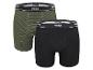 Twee katoenen boxershorts voor heren, één gestreept groen en één effen zwart.
