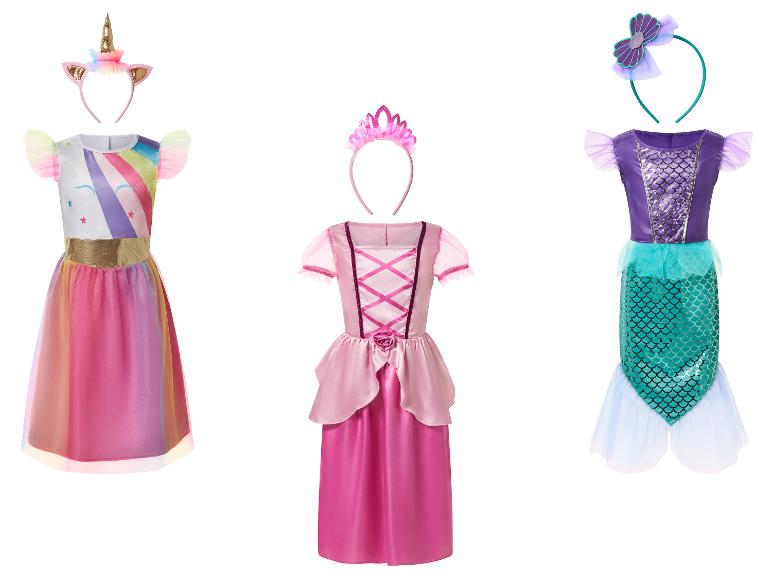 Drie kinderverkleedkostuums: eenhoorn, prinses en zeemeermin.