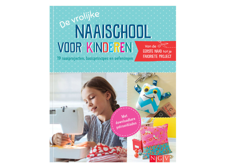 Een boek met naaiprojecten voor kinderen, met een monster, kussens en een meisje dat op een naaimachine naait.