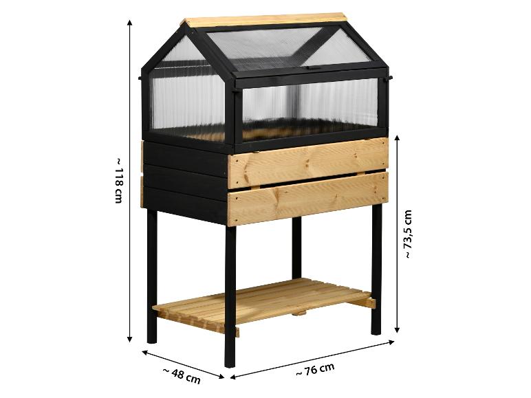 Houten verhoogde moestuinbak met kasopbouw, zwart en naturel hout, met afmetingen.