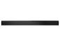 Zwarte soundbar met geperforeerd frontrooster en blauwe indicator.