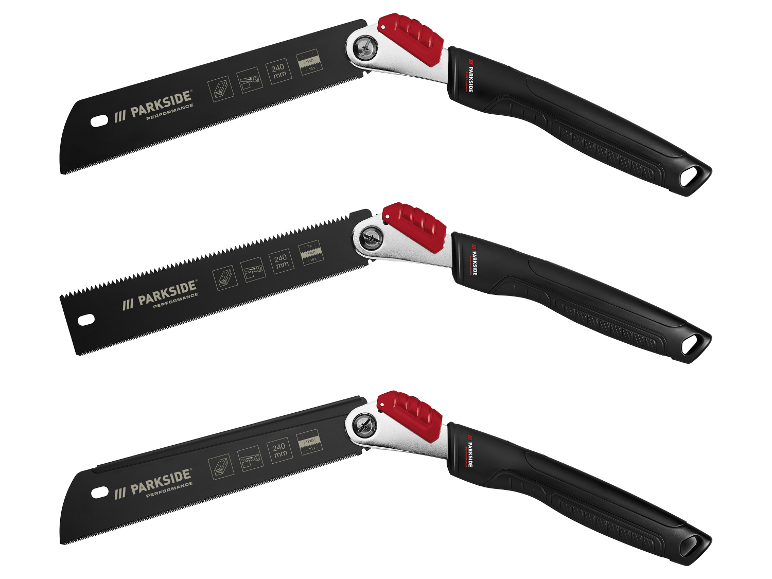 Drie opvouwbare Parkside Performance zagen op een witte achtergrond.