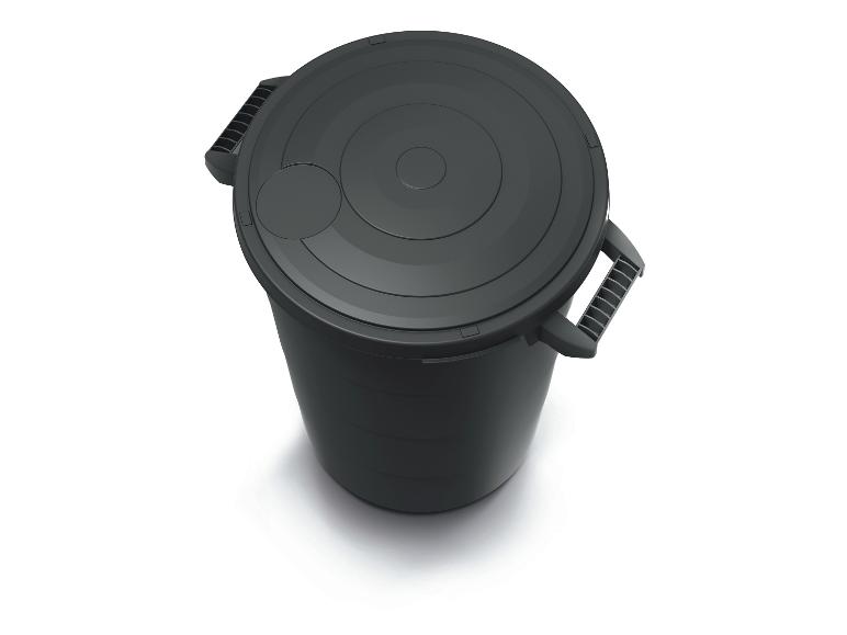Zwarte vuilnisbak met deksel en handvatten, bovenaanzicht.