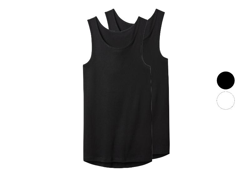 Twee zwarte heren tanktops, de ene voor de andere, met kleurstalen in zwart en wit.