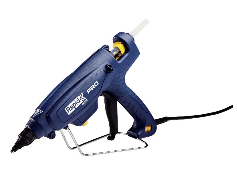 Rapid PRO EG340 lijmpistool in donkerblauw met een lijmstick en een metalen standaard
