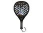 Zwart padelracket met oranje en blauw geometrisch ontwerp, met de tekst 'Resistant' en 'Light'.