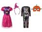 Roze jurk met hondenmotief, hoofdband met hoed, skeletpak en pompoenmasker