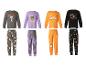 Vier sets Halloween-pyjama's voor kinderen met diverse griezelige ontwerpen.