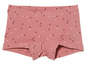 Een roze onderbroek met witte en bruine stippen.