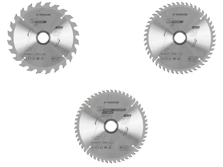 Drie Parkside cirkelzaagbladen voor hout, metaal en plastic.