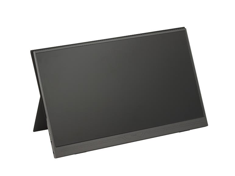 Zwarte draagbare monitor met donker scherm en standaard, schuin bekeken.