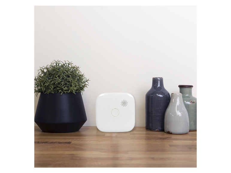 Wit smart home-apparaat naast een plant en decoratieve vazen op een houten oppervlak.