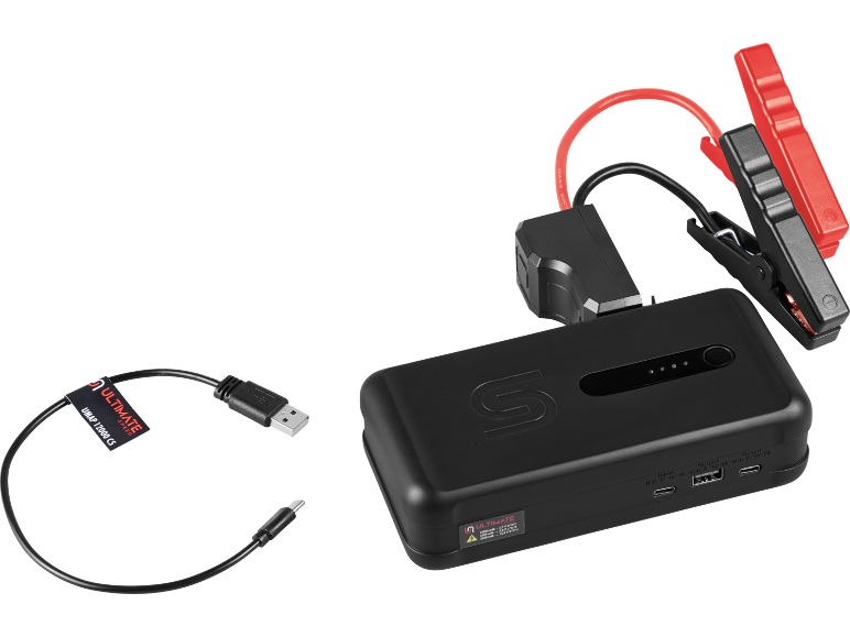 Zwarte starthulp met startkabels en een USB-oplaadkabel.