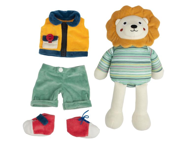 Pluche leeuw met bijpassende kleding: vest, broekje en schoenen.