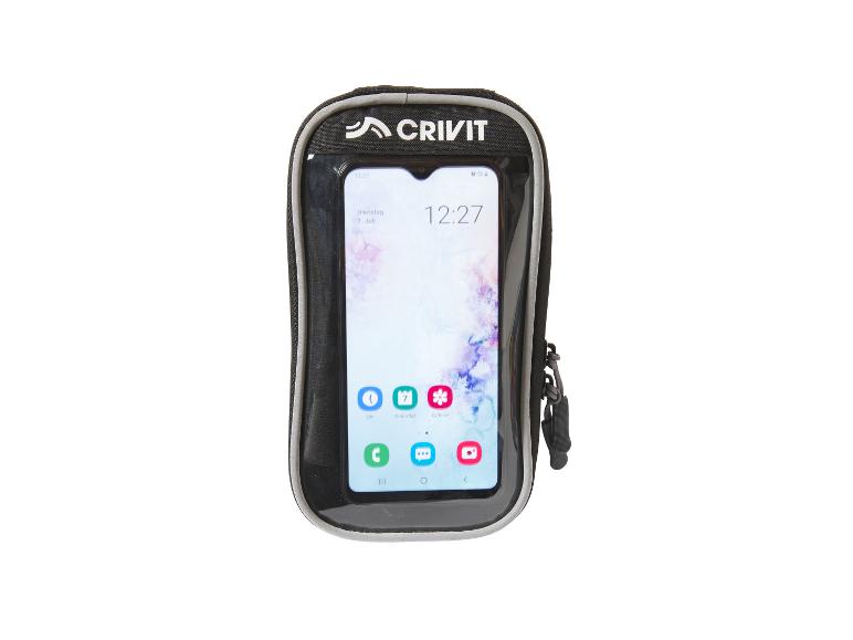 Een zwarte Crivit telefoonhouder met een smartphone erin.