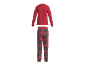Rood pyjamashirt en rood-donkergroene geruite pyjamabroek.