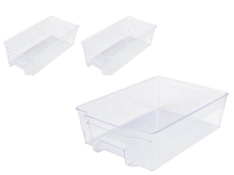 Drie transparante opbergbakken van verschillende groottes voor de koelkast.