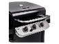 Zwarte gasbarbecue met zilveren handvat en bedieningspaneel met drie knoppen.