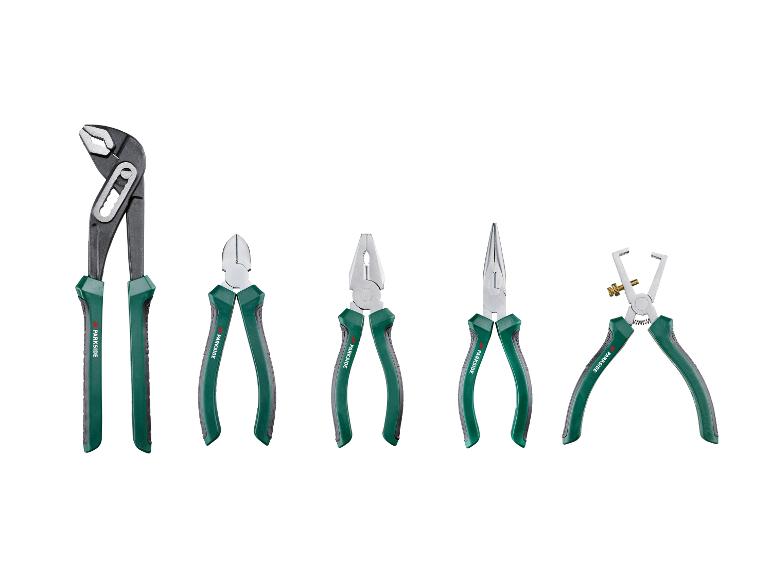 Set van vijf Parkside tangen met donkergroene handvatten op een witte achtergrond.