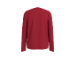Achterkant van een rood shirt met lange mouwen op een zwarte achtergrond