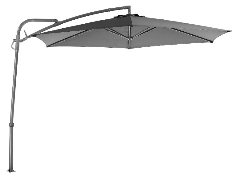 Grijze zweefparasol met een vierkant doek, openstaand tegen een witte achtergrond.