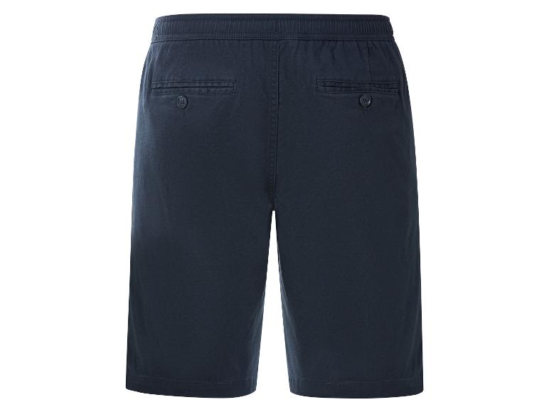 Marineblauwe katoenen herenshort met elastische tailleband en achterzakken met knopen.