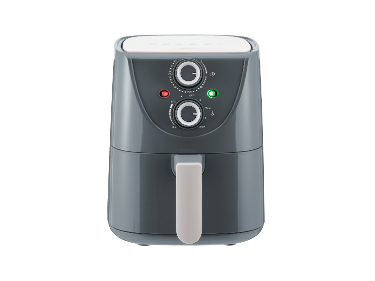 Een grijze airfryer met duidelijke knoppen en draaiknoppen.